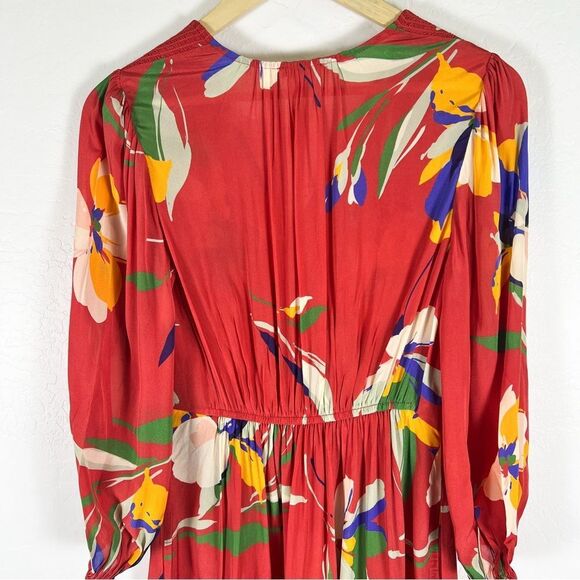 Shoshanna Emanuela Floral Smocked Waist Midi Dress Red Long Sleeve V-Neck 4 NWT - Picture 11 of 16